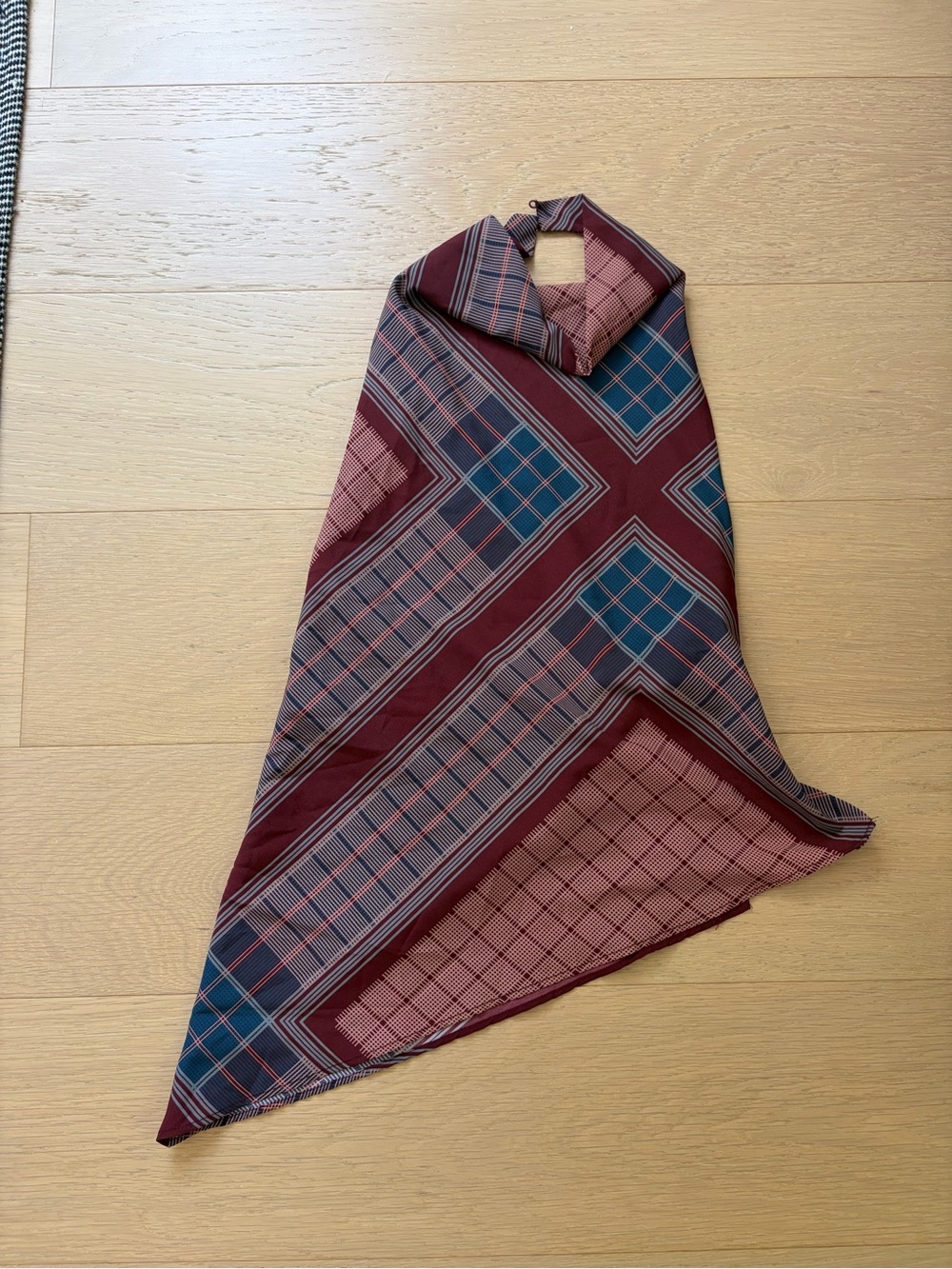 Geometric High Neck Asymmetrical Top in Burgundy and Teal